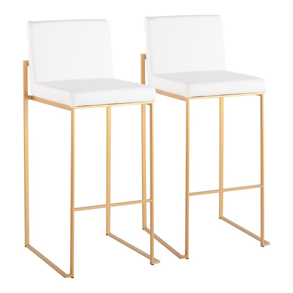 Gold Steel, White PU Fuji High Back Barstool - Set of 2. Picture 1