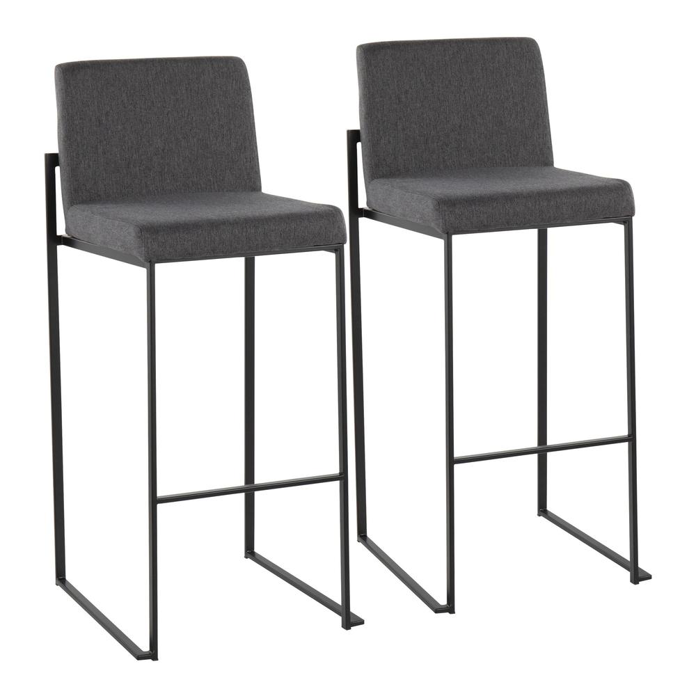 Black Steel, Charcoal Fabric Fuji High Back Barstool - Set of 2. Picture 1