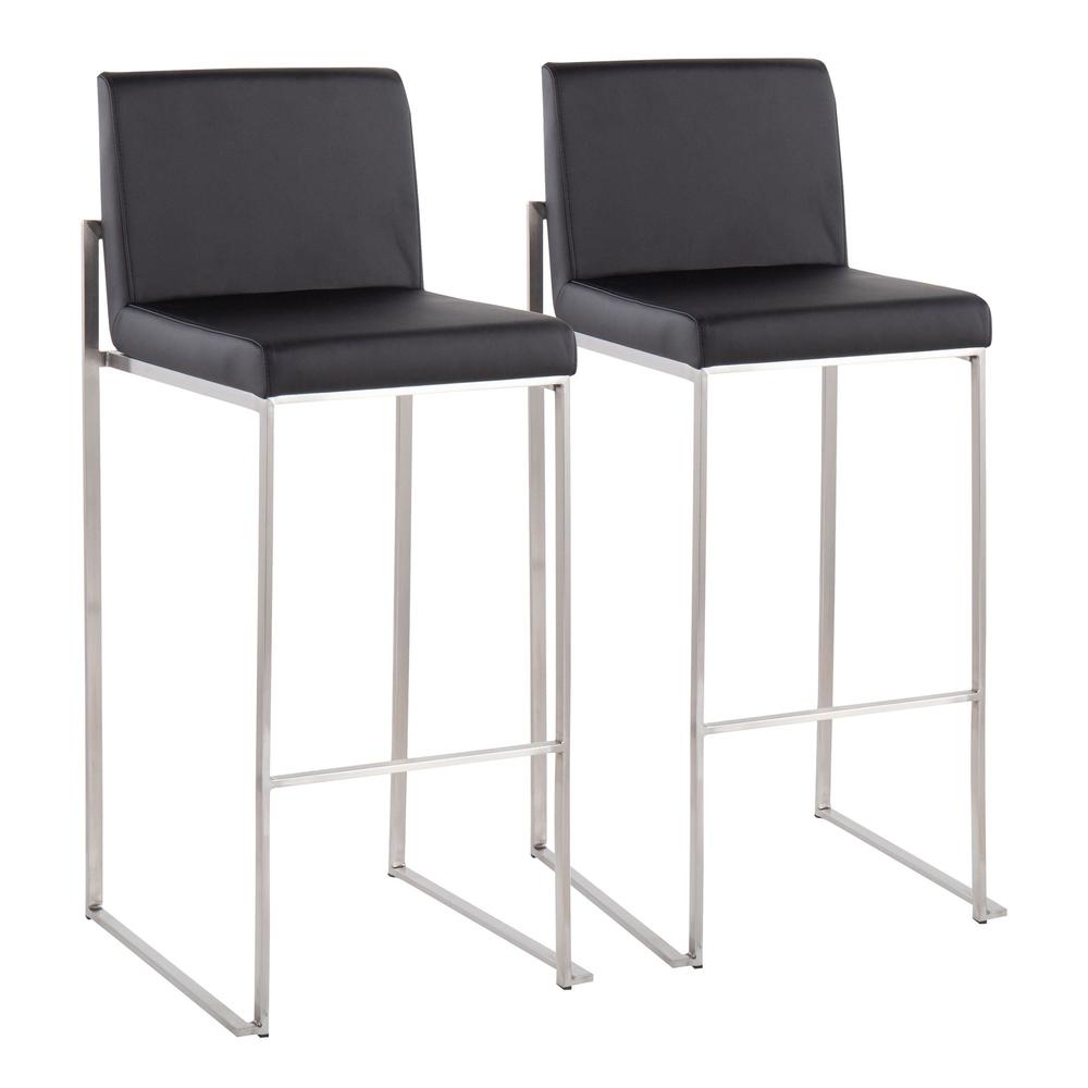 Stainless Steel, Black PU Fuji High Back Barstool - Set of 2. Picture 1