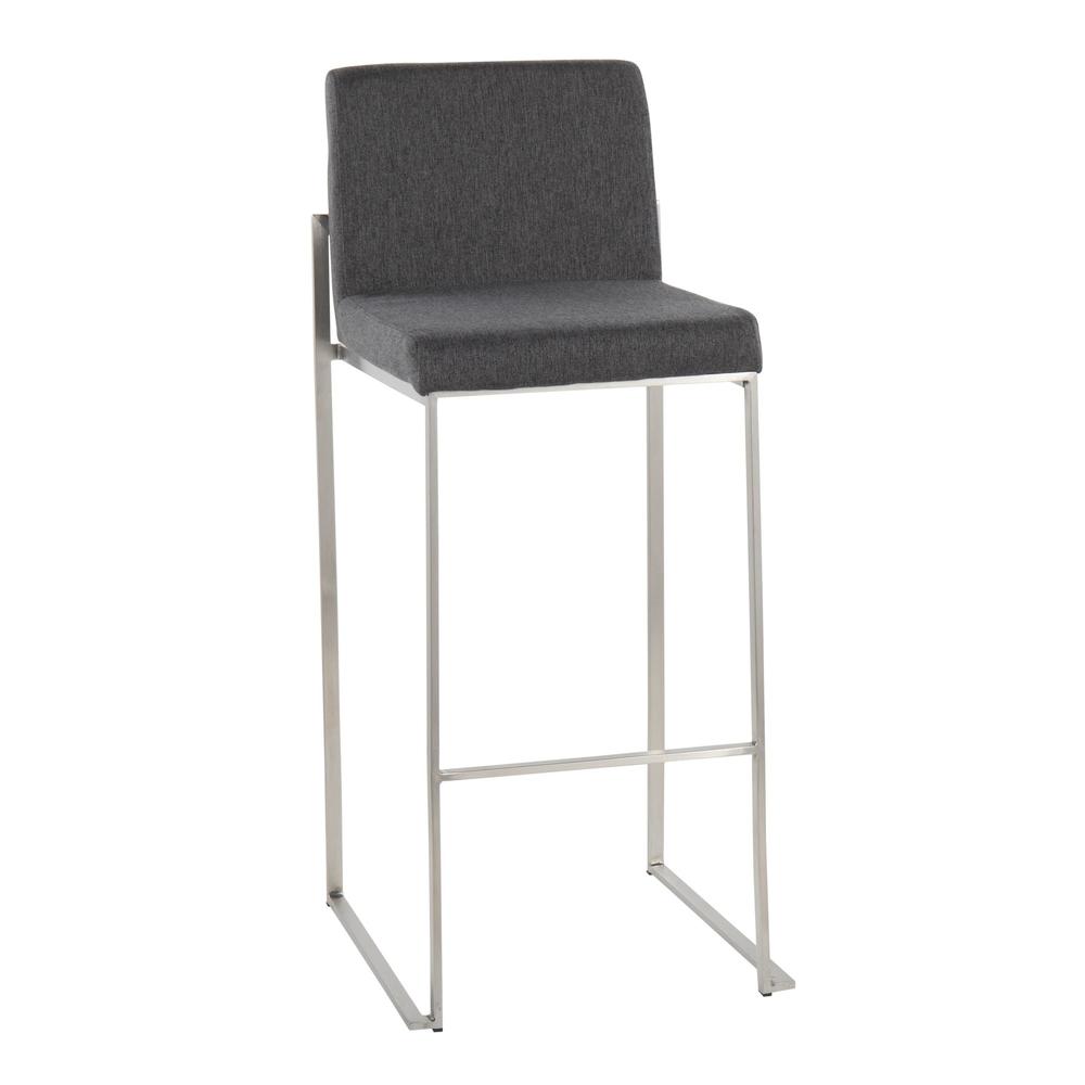 Stainless Steel, Charcoal Fabric Fuji High Back Barstool - Set of 2. Picture 2