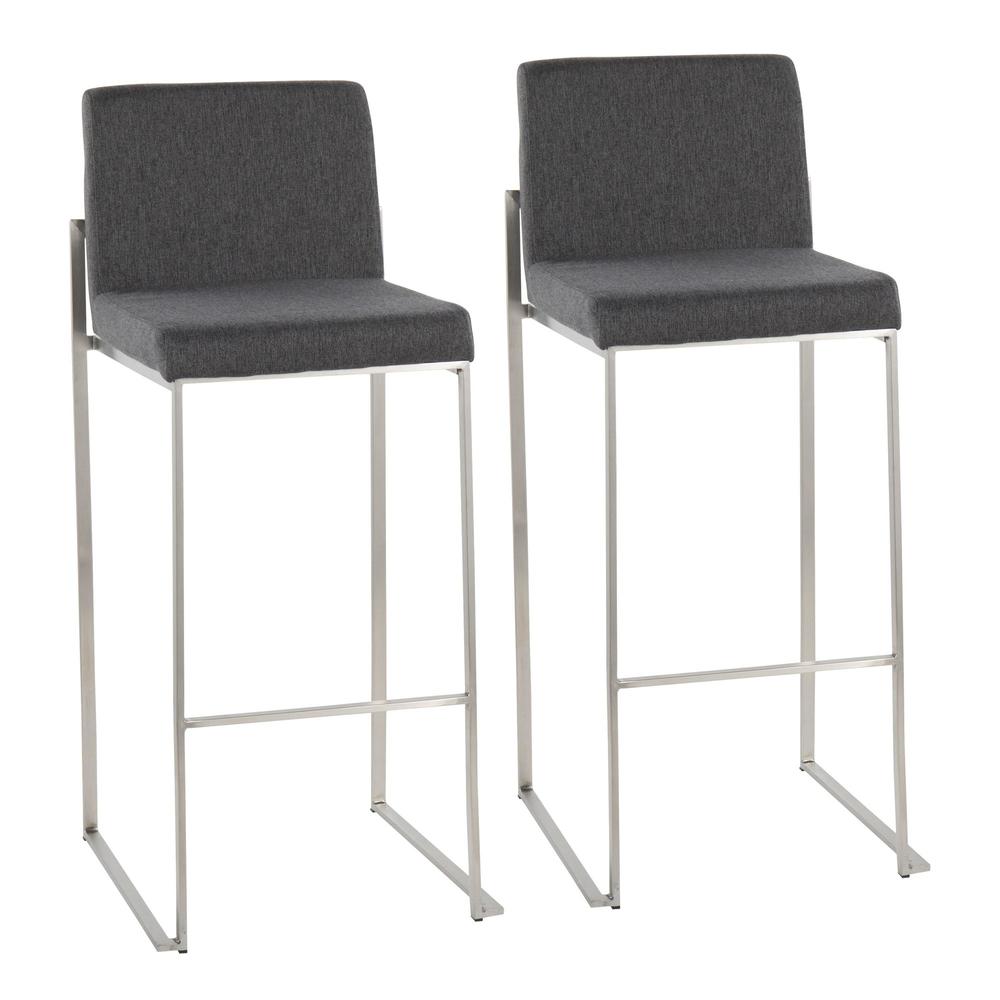 Stainless Steel, Charcoal Fabric Fuji High Back Barstool - Set of 2. Picture 1