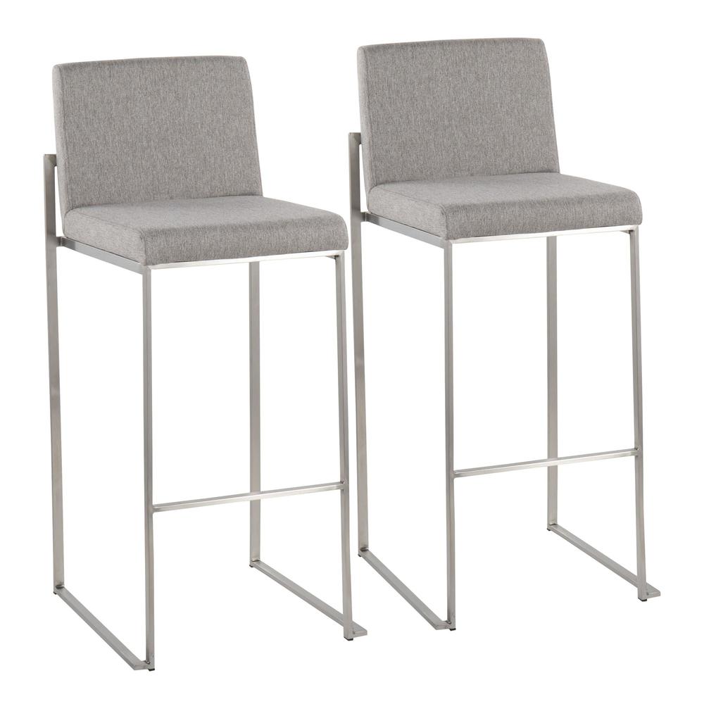 Stainless Steel, Grey Fabric Fuji High Back Barstool - Set of 2. Picture 1