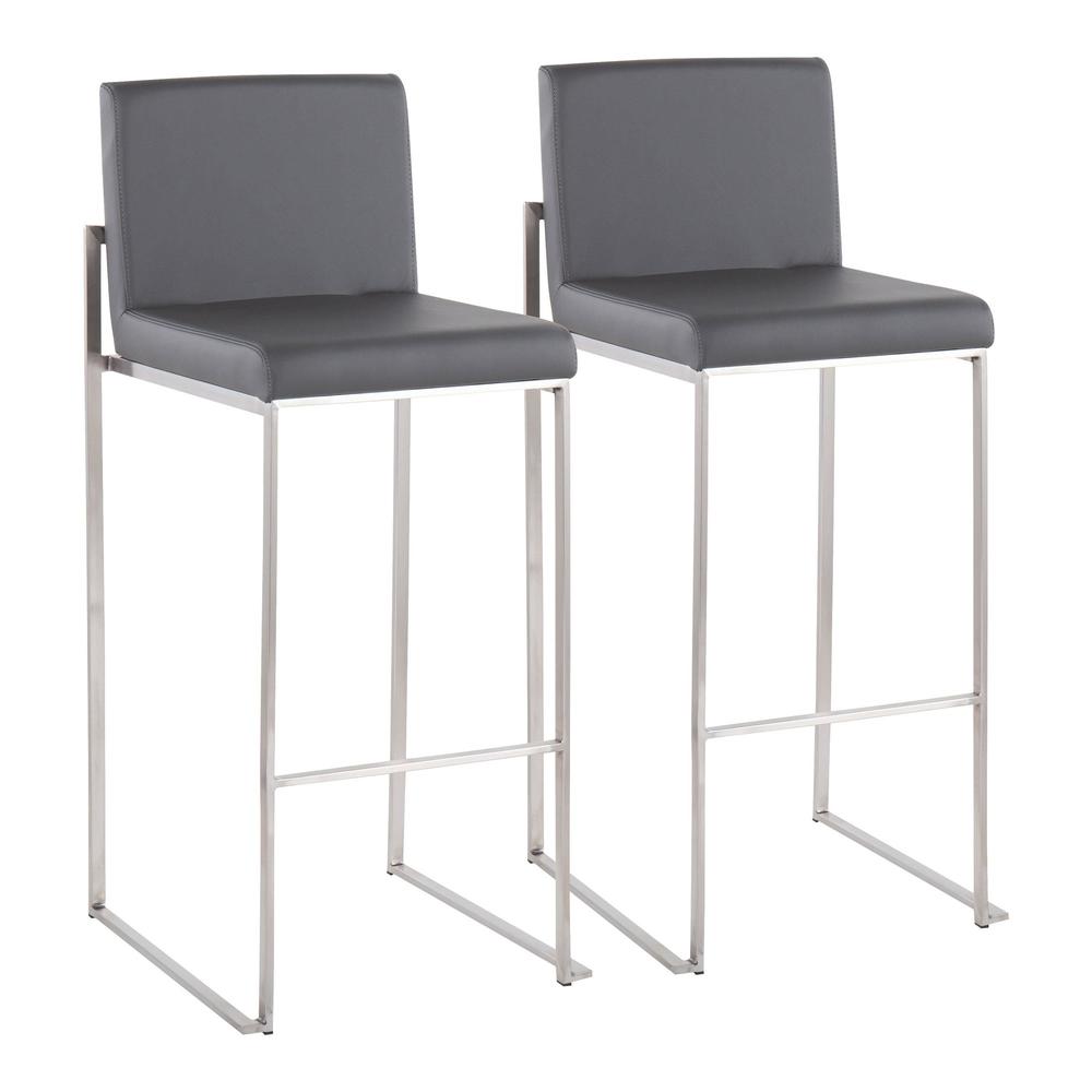 Stainless Steel, Grey PU Fuji High Back Barstool - Set of 2. Picture 1