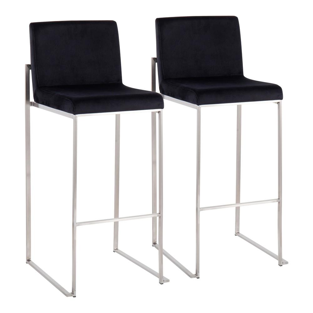 Stainless Steel, Black Velvet Fuji High Back Barstool - Set of 2. Picture 1