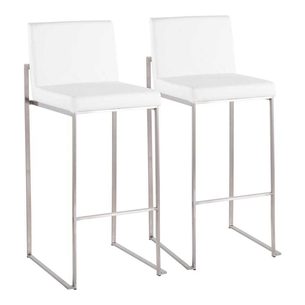Stainless Steel, White PU Fuji High Back Barstool - Set of 2. Picture 1