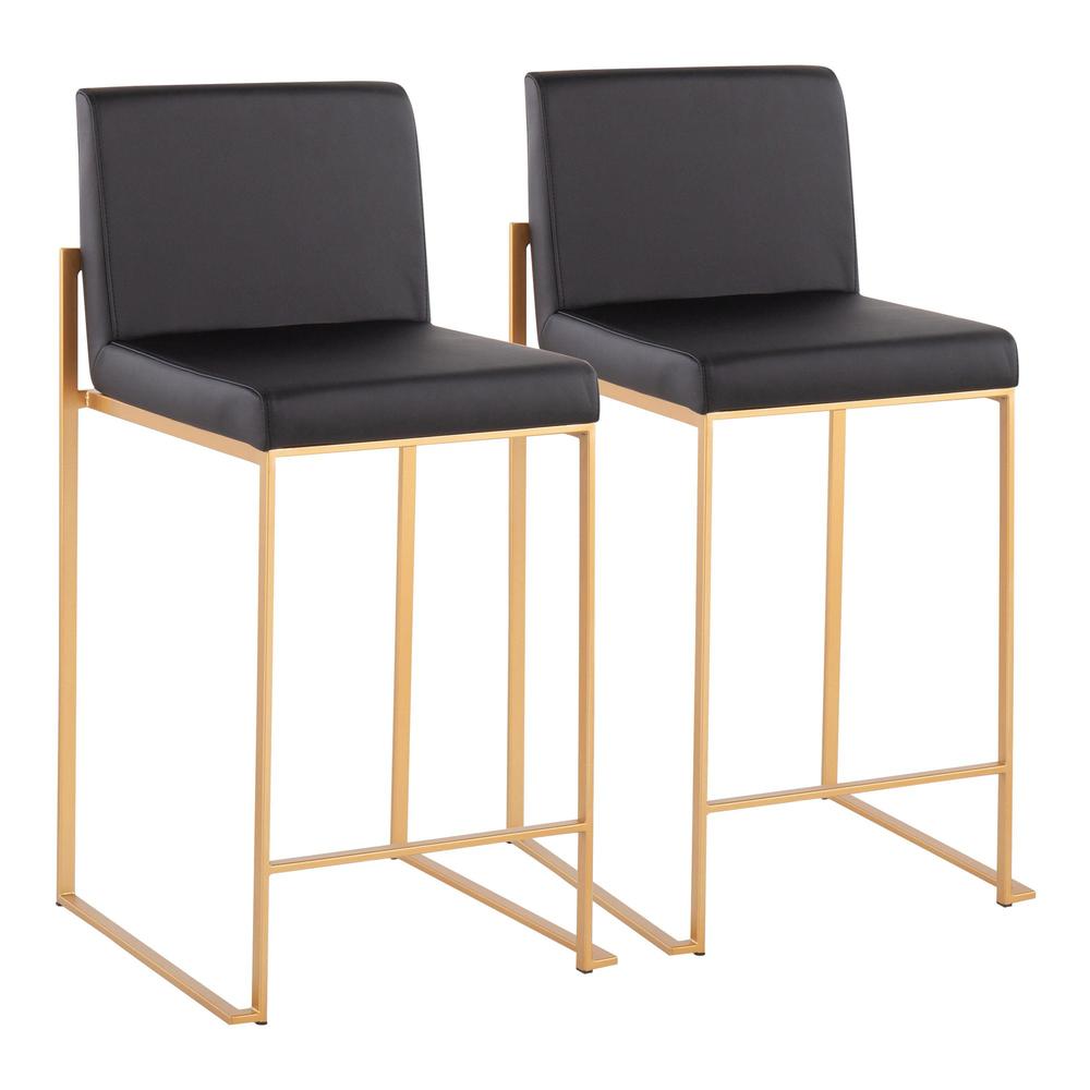 Gold Steel, Black PU Fuji High Back Counter Stool - Set of 2. Picture 1
