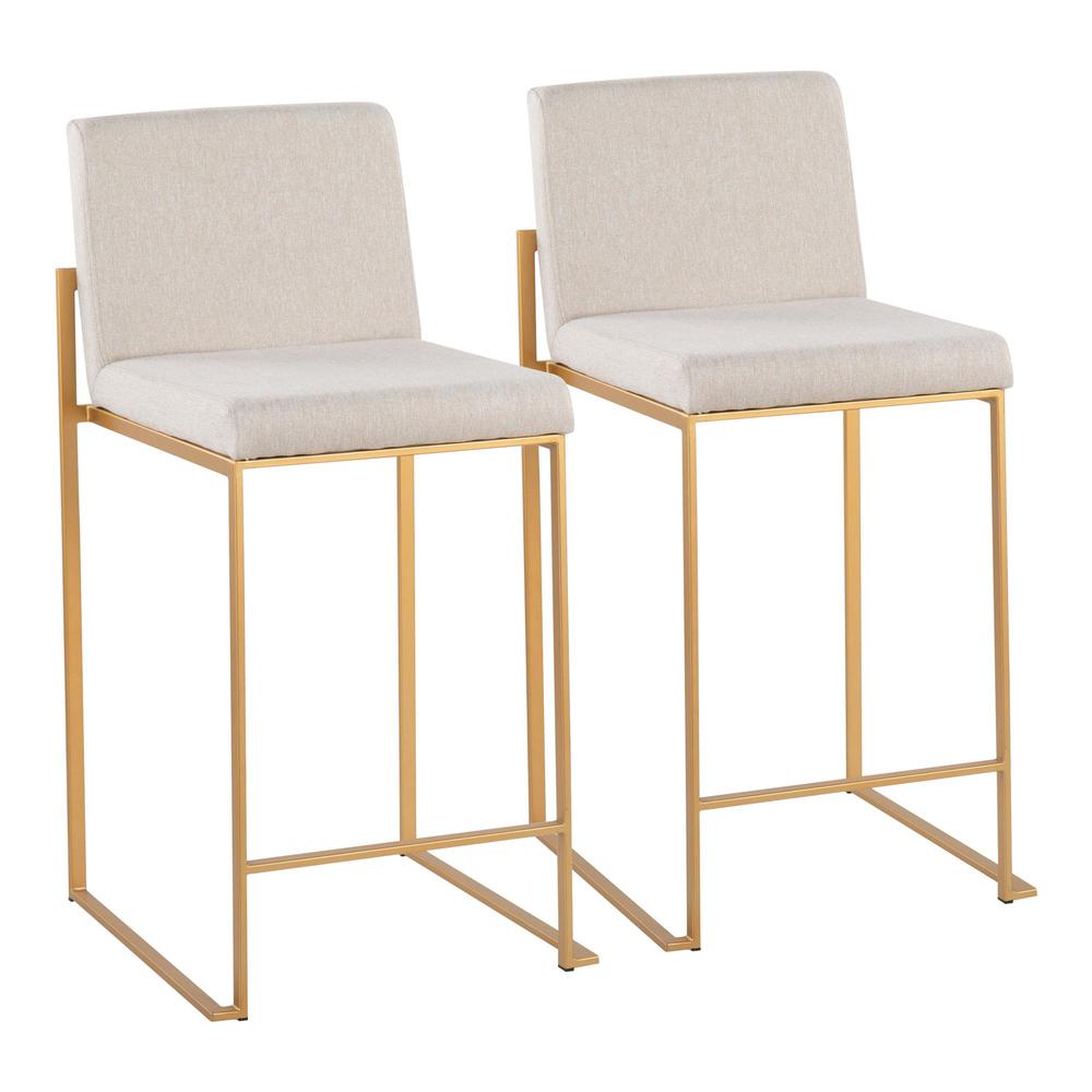 Gold Steel, Beige Fabric Fuji High Back Counter Stool - Set of 2. Picture 1