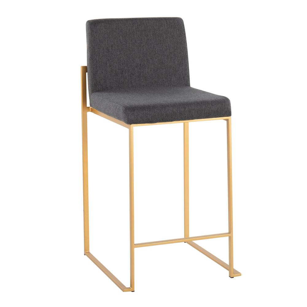 Gold Steel, Charcoal Fabric Fuji High Back Counter Stool - Set of 2. Picture 2