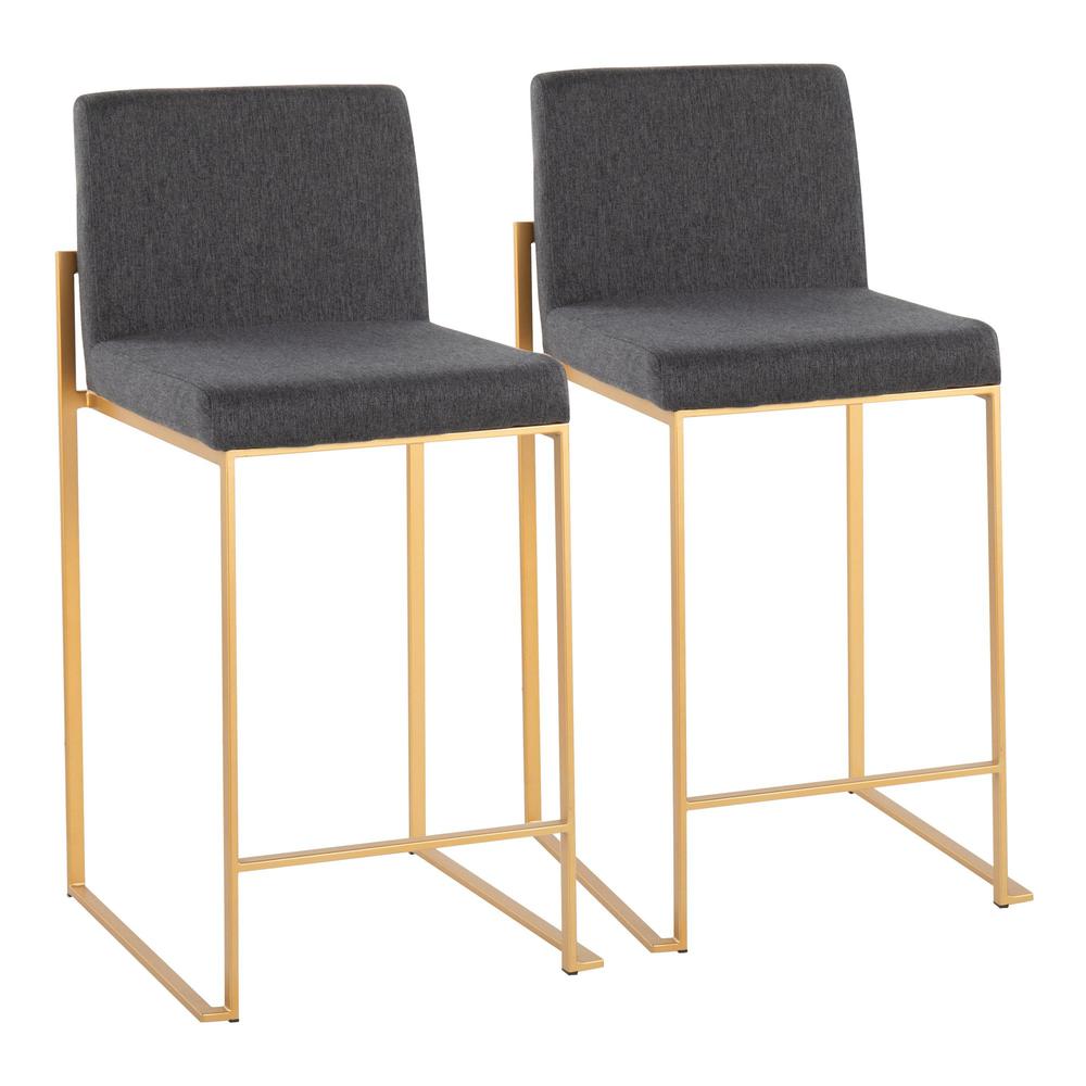 Gold Steel, Charcoal Fabric Fuji High Back Counter Stool - Set of 2. Picture 1