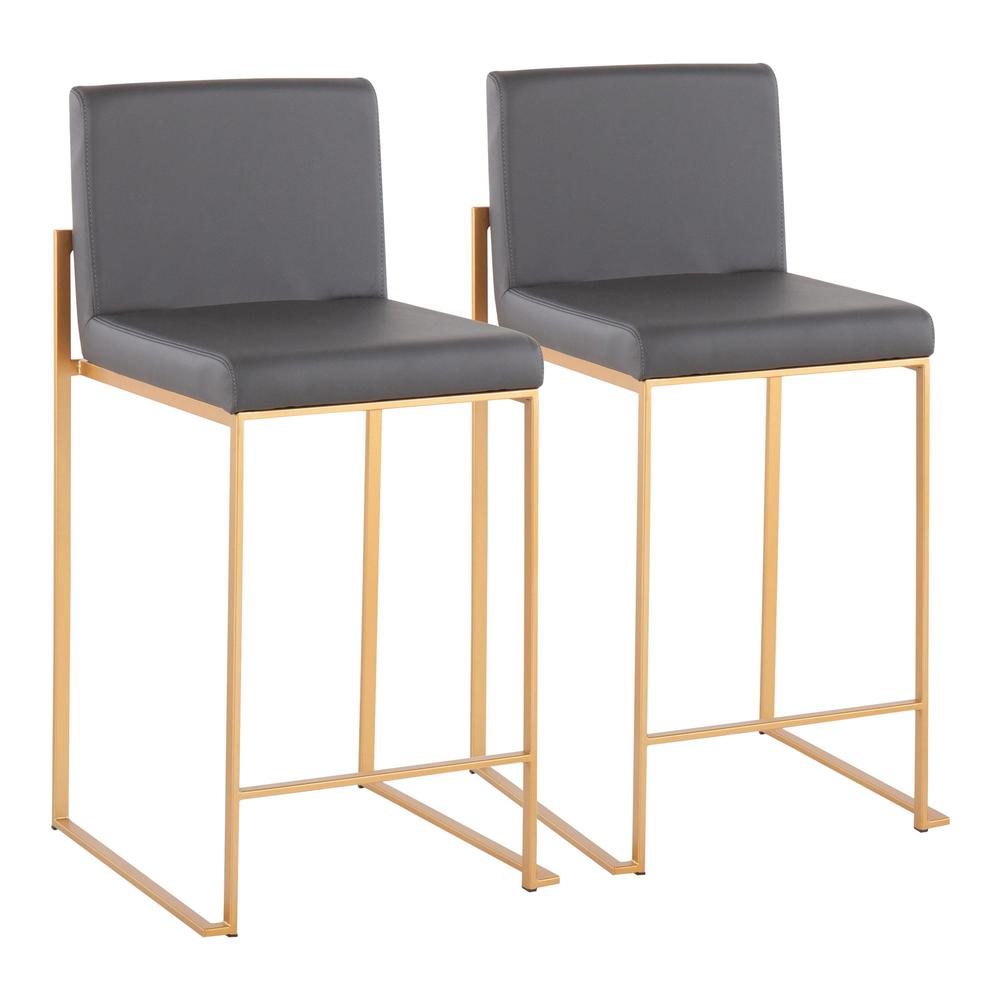 Gold Steel, Grey PU Fuji High Back Counter Stool - Set of 2. Picture 1