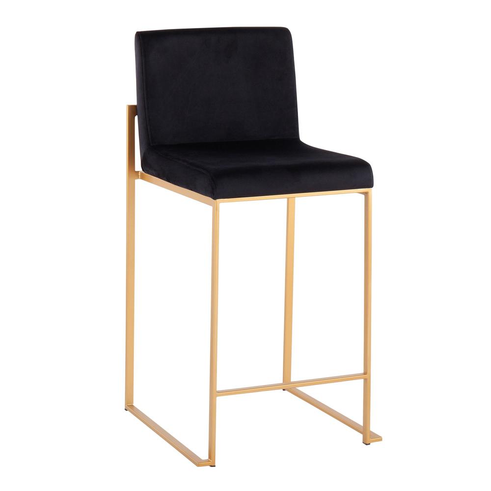 Gold Steel, Black Velvet Fuji High Back Counter Stool - Set of 2. Picture 2
