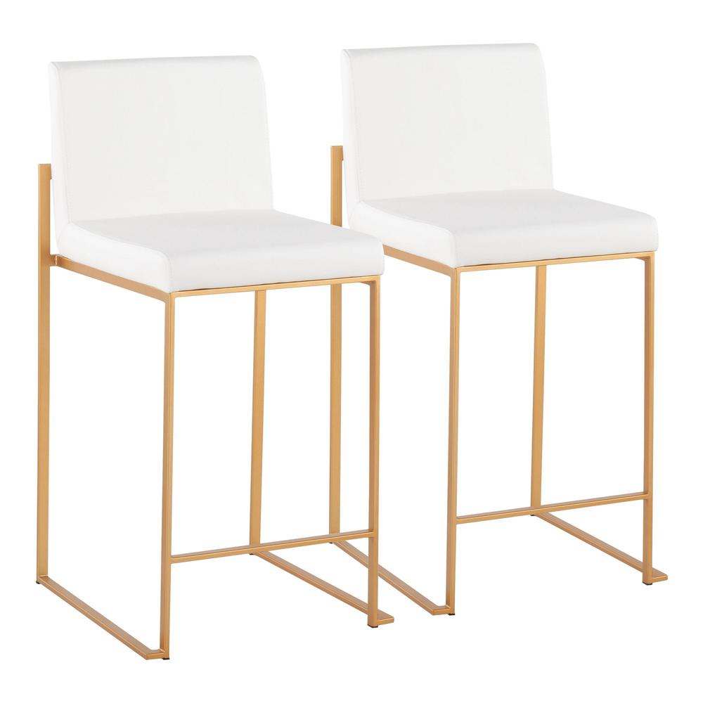 Gold Steel, White PU Fuji High Back Counter Stool - Set of 2. Picture 1