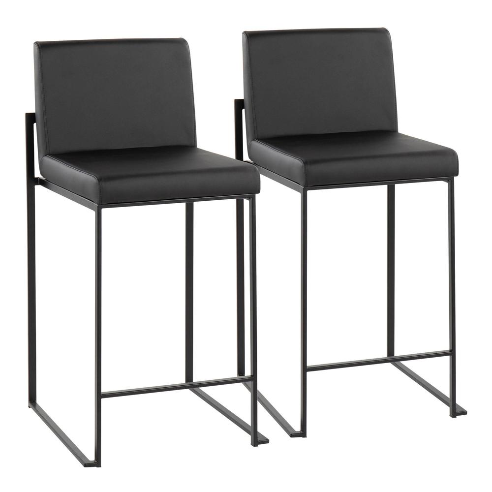 Black Steel, Black PU Fuji High Back Counter Stool - Set of 2. Picture 1