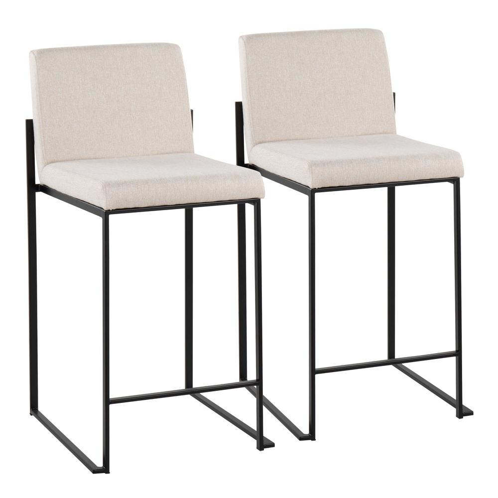 Black Steel, Beige Fabric Fuji High Back Counter Stool - Set of 2. Picture 1