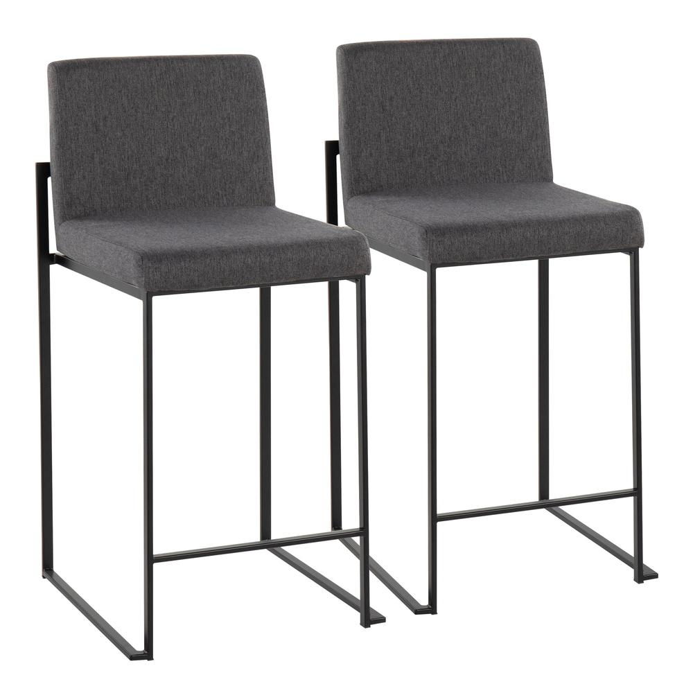 Black Steel, Charcoal Fabric Fuji High Back Counter Stool - Set of 2. Picture 1