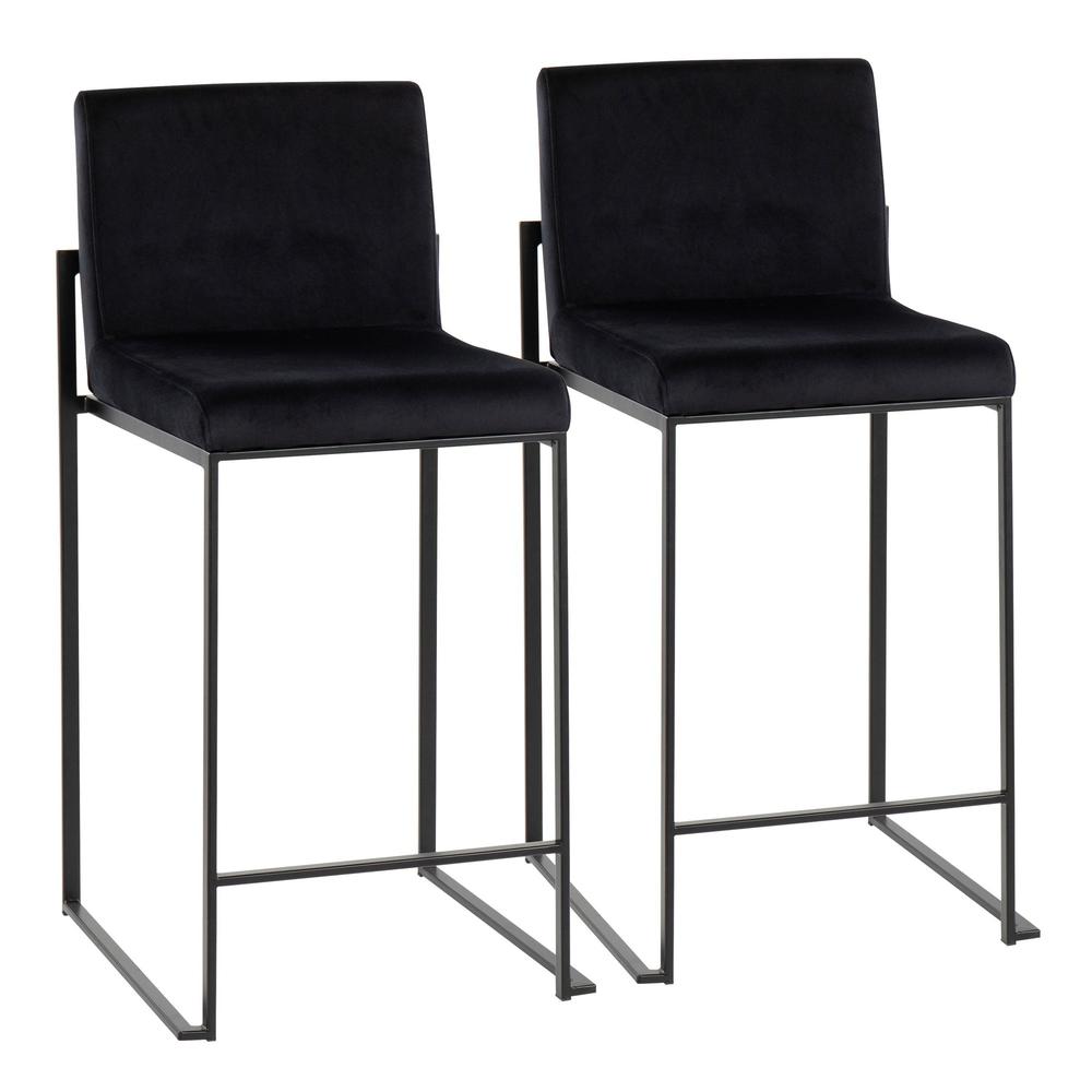 Black Steel, Black Velvet Fuji High Back Counter Stool - Set of 2. Picture 1