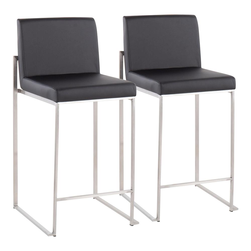 Stainless Steel, Black PU Fuji High Back Counter Stool - Set of 2. Picture 1