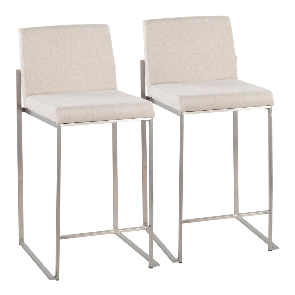 Stainless Steel, Beige Fabric Fuji High Back Counter Stool - Set of 2. Picture 1