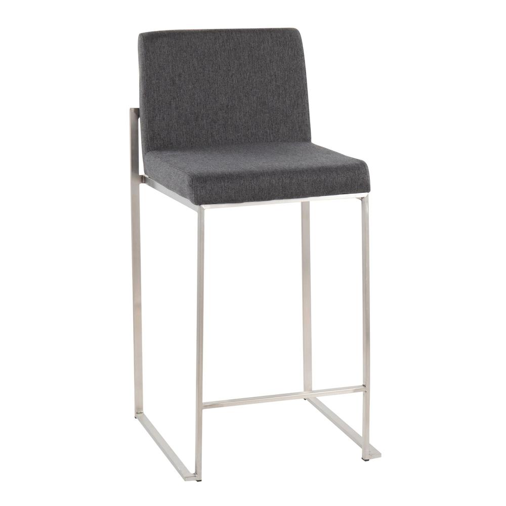 Stainless Steel, Charcoal Fabric Fuji High Back Counter Stool - Set of 2. Picture 2