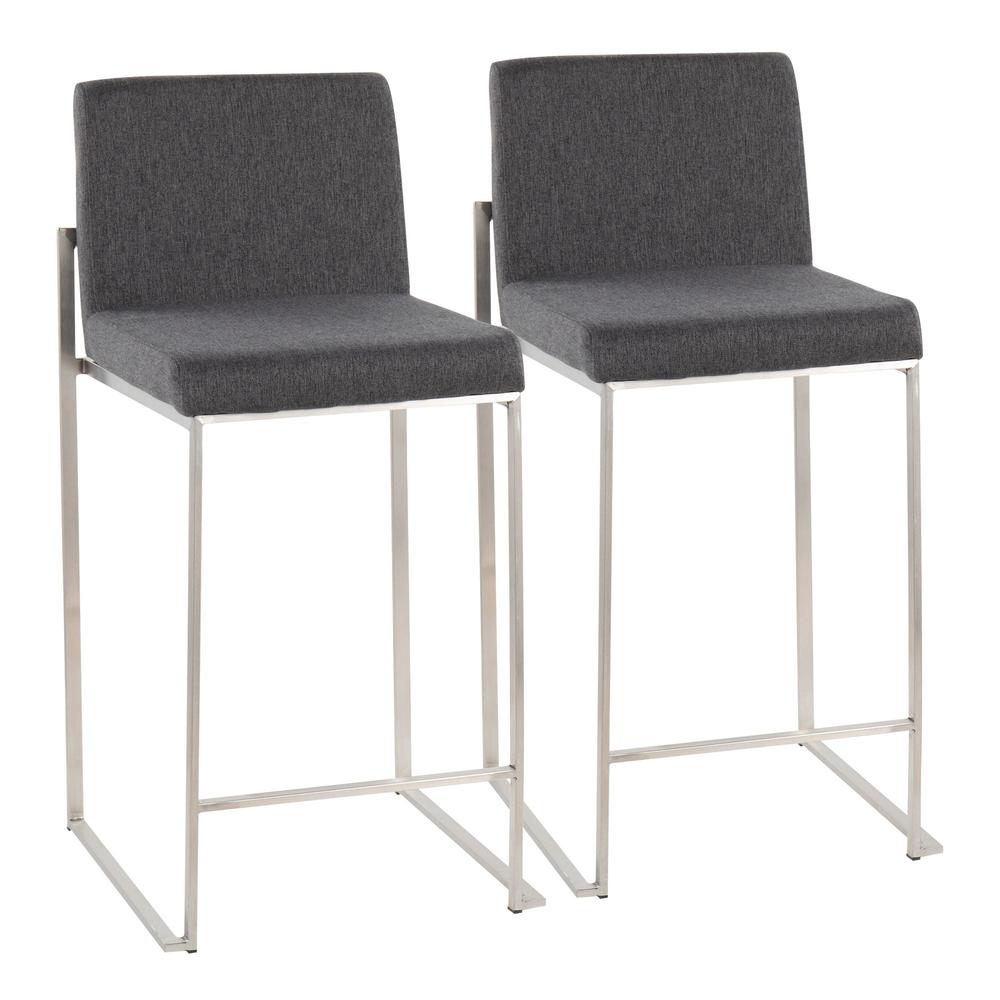 Stainless Steel, Charcoal Fabric Fuji High Back Counter Stool - Set of 2. Picture 1