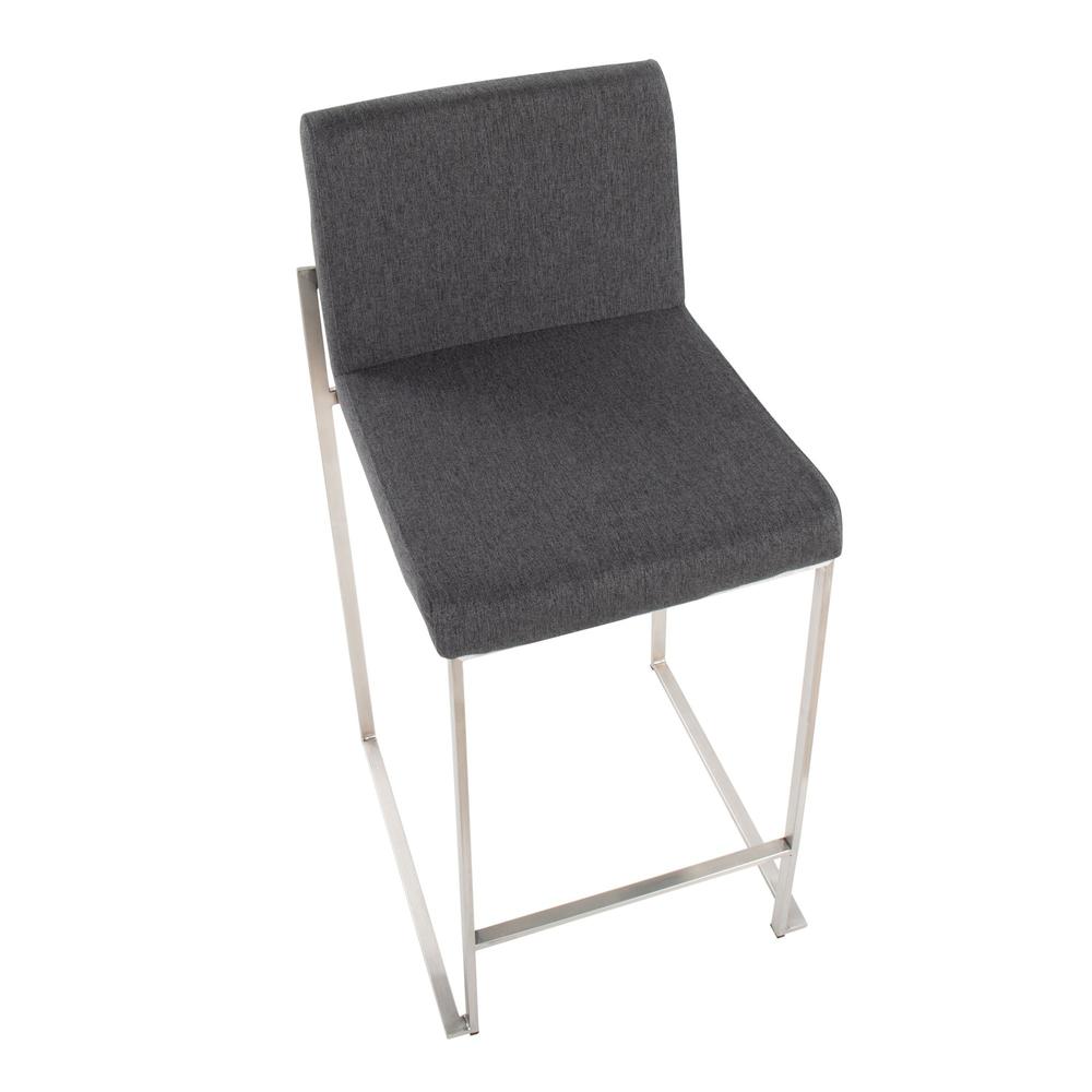 Stainless Steel, Charcoal Fabric Fuji High Back Counter Stool - Set of 2. Picture 7