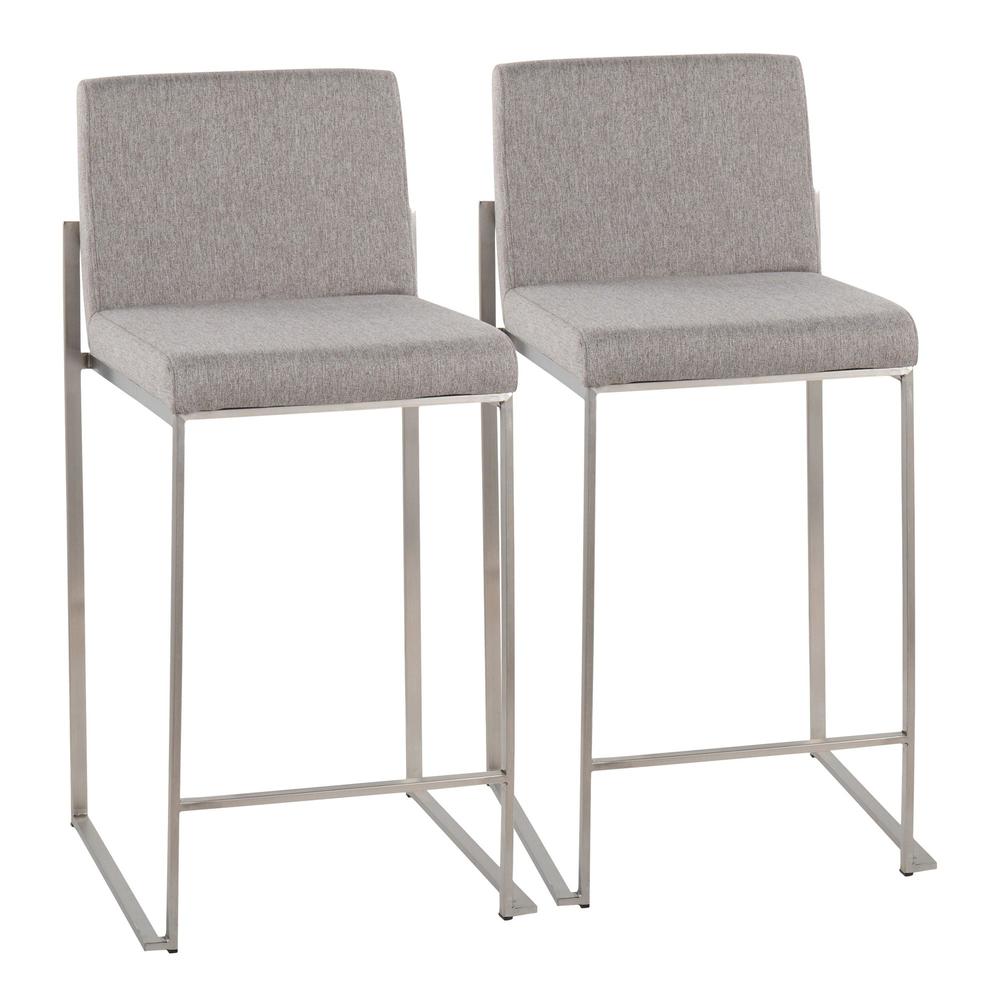 Stainless Steel, Grey Fabric Fuji High Back Counter Stool - Set of 2. Picture 1