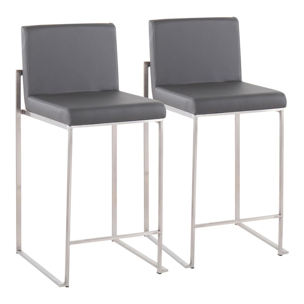 Stainless Steel, Grey PU Fuji High Back Counter Stool - Set of 2. Picture 1