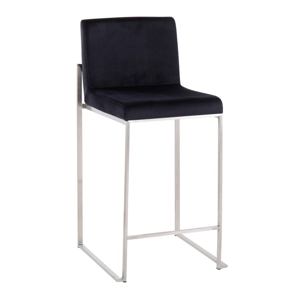 Stainless Steel, Black Velvet Fuji High Back Counter Stool - Set of 2. Picture 2