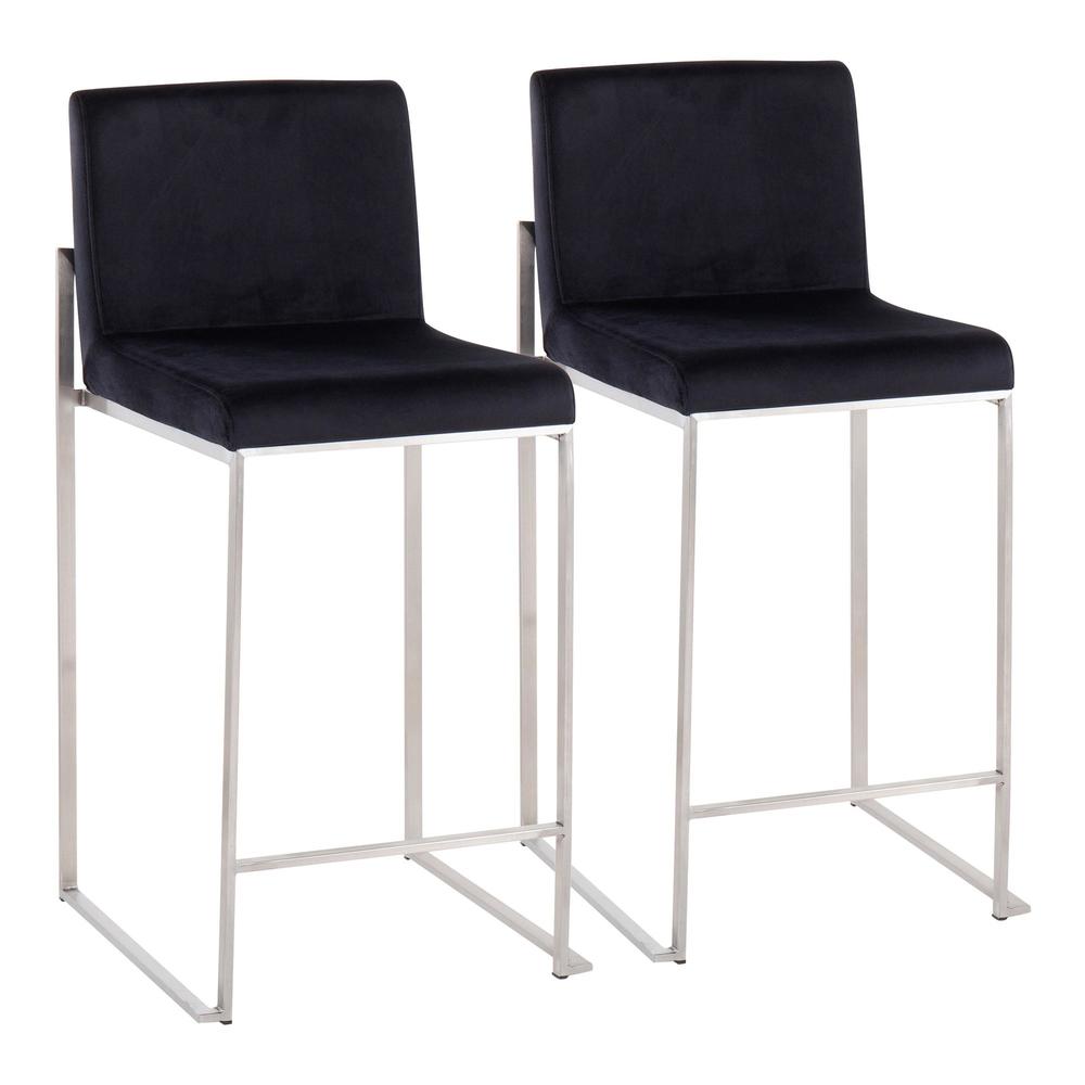 Stainless Steel, Black Velvet Fuji High Back Counter Stool - Set of 2. Picture 1
