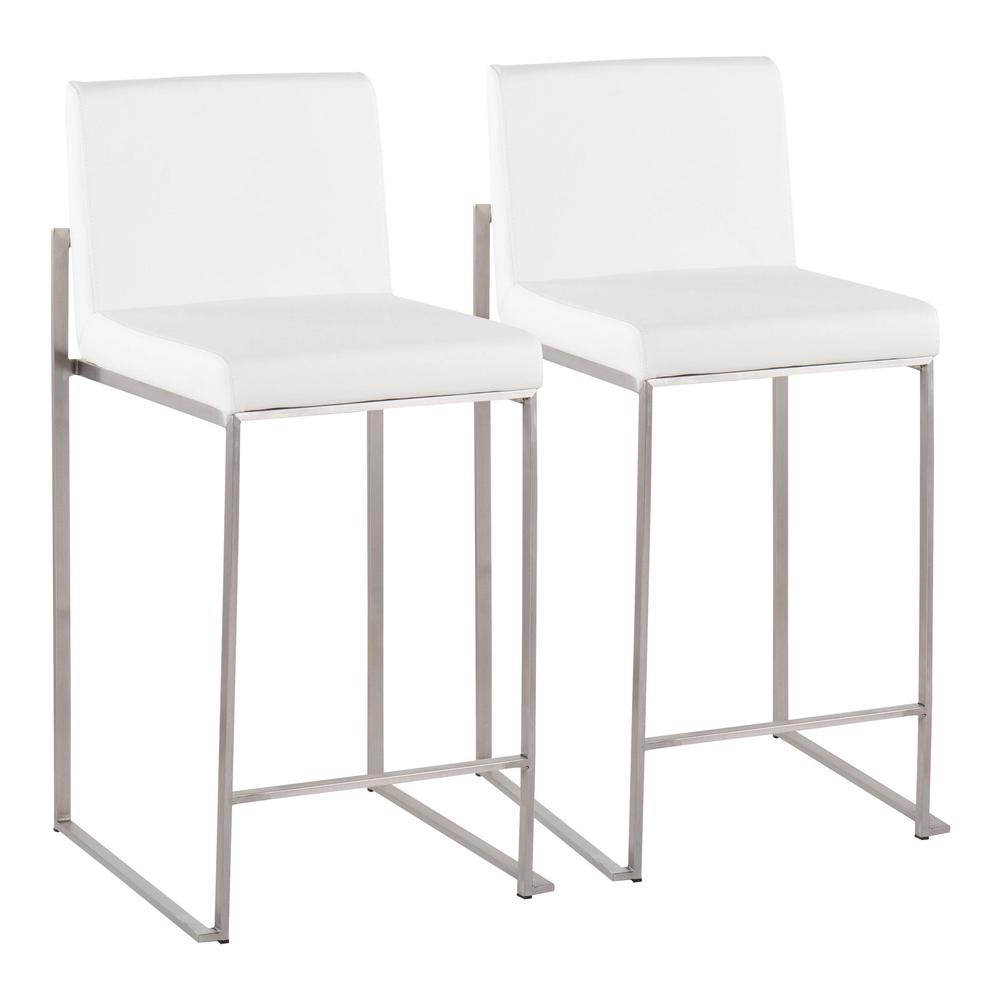 Stainless Steel, White PU Fuji High Back Counter Stool - Set of 2. Picture 1