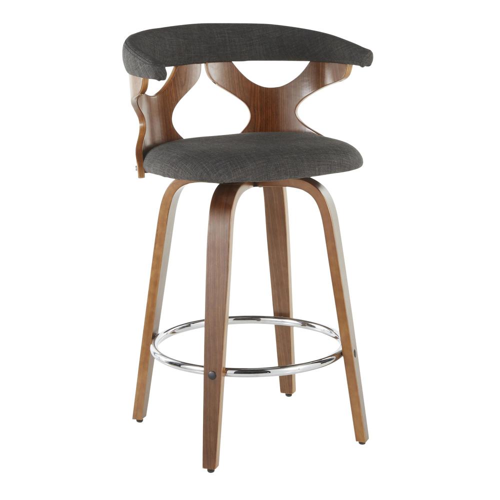 Walnut Wood, Charcoal Fabric, Chrome Gardenia Counter Stool - Set of 2. Picture 2