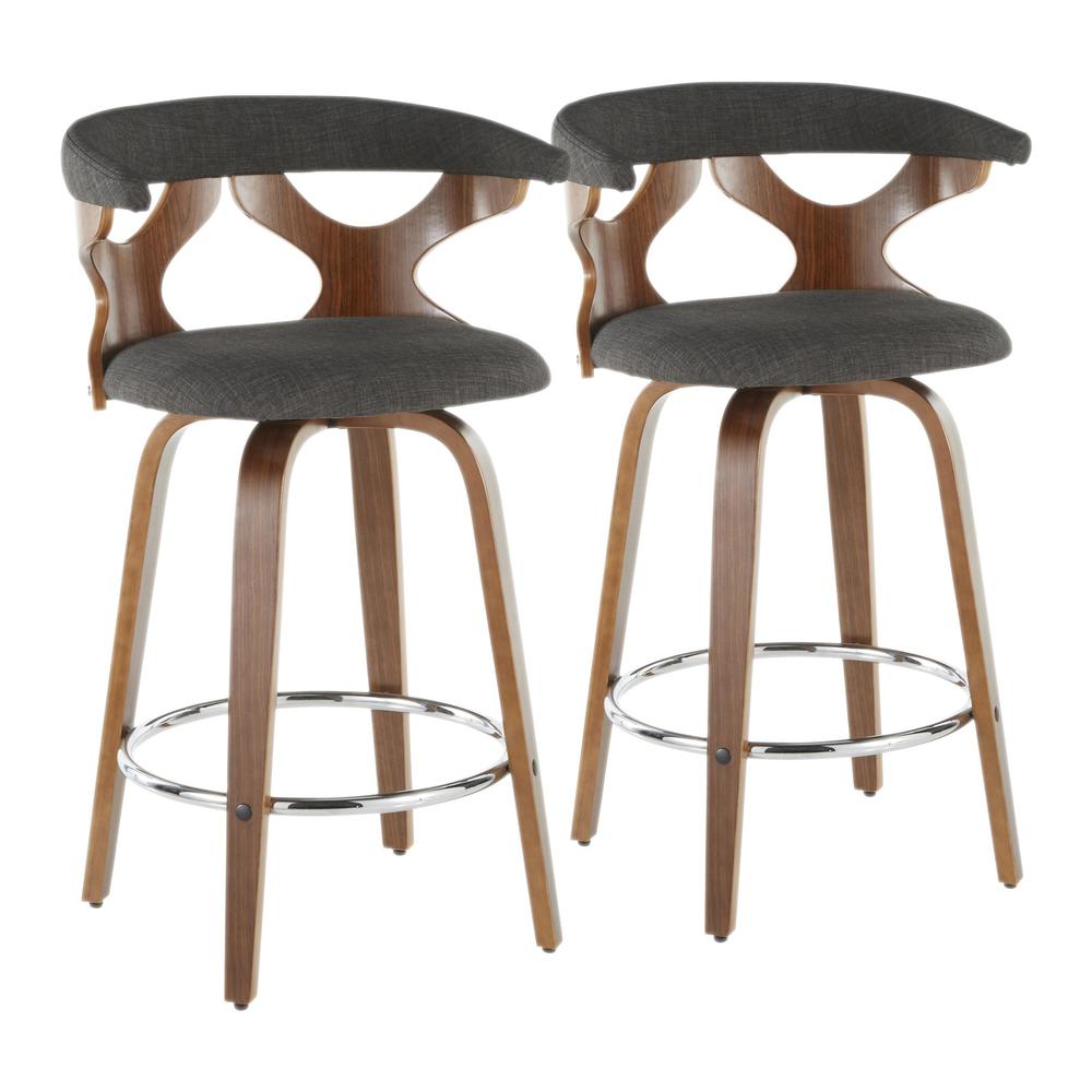 Walnut Wood, Charcoal Fabric, Chrome Gardenia Counter Stool - Set of 2. Picture 1