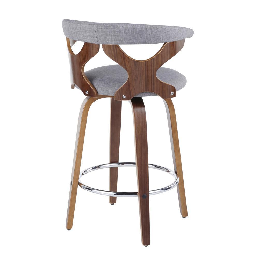 Walnut Wood, Light Grey Fabric, Chrome Gardenia Counter Stool - Set of 2. Picture 4