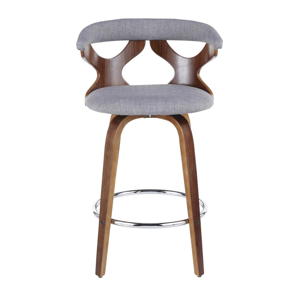 Walnut Wood, Light Grey Fabric, Chrome Gardenia Counter Stool - Set of 2. Picture 6