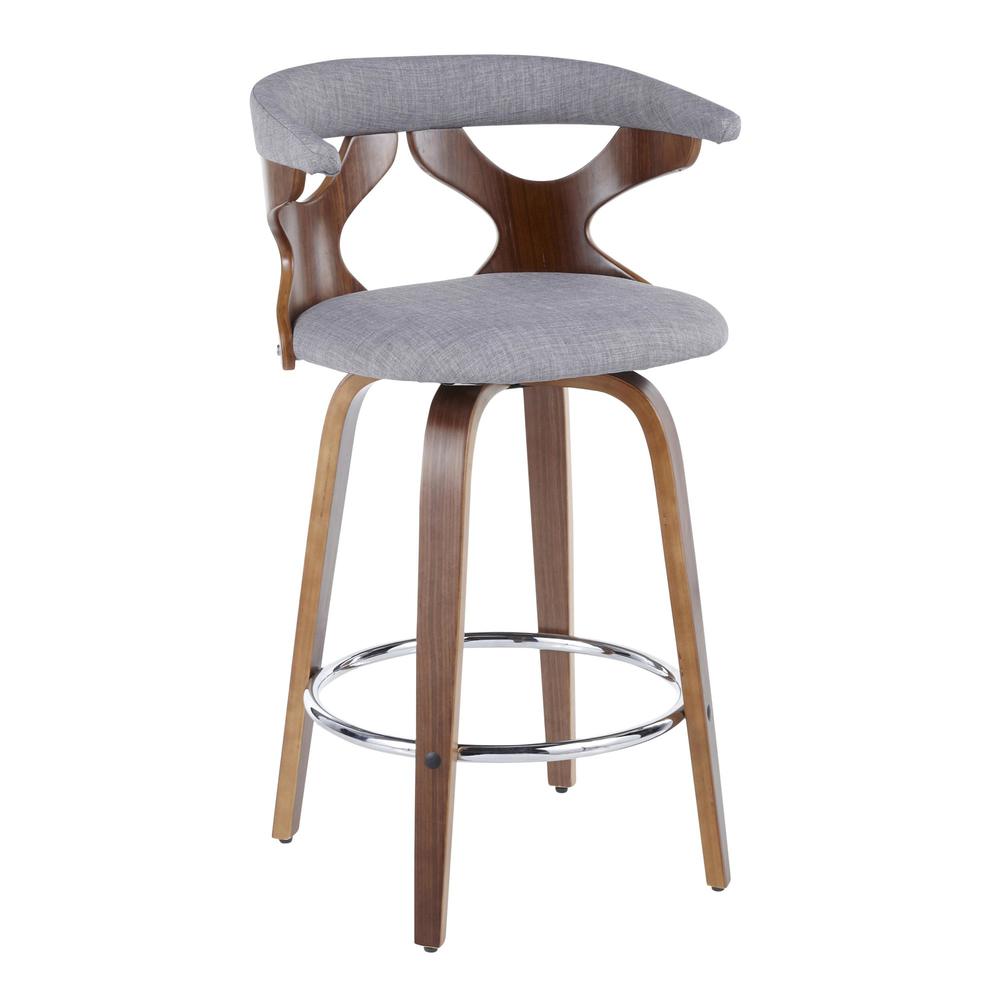 Walnut Wood, Light Grey Fabric, Chrome Gardenia Counter Stool - Set of 2. Picture 2