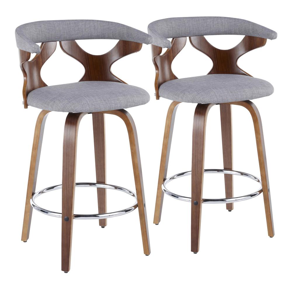 Walnut Wood, Light Grey Fabric, Chrome Gardenia Counter Stool - Set of 2. Picture 1
