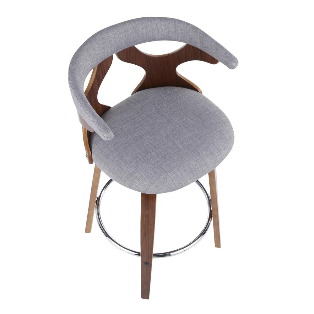 Walnut Wood, Light Grey Fabric, Chrome Gardenia Counter Stool - Set of 2. Picture 7