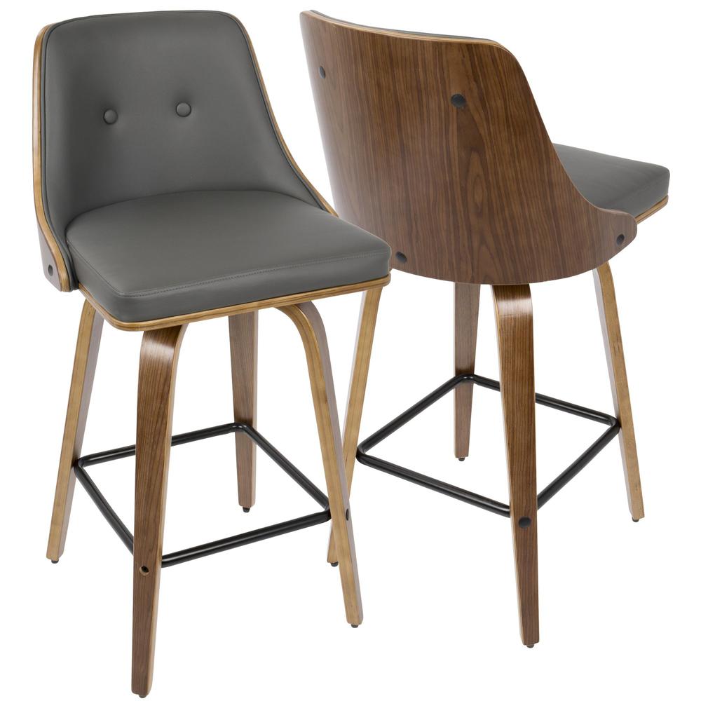 Walnut Wood, Grey PU, Black Metal Gianna Counter Stool - Set of 2. Picture 3
