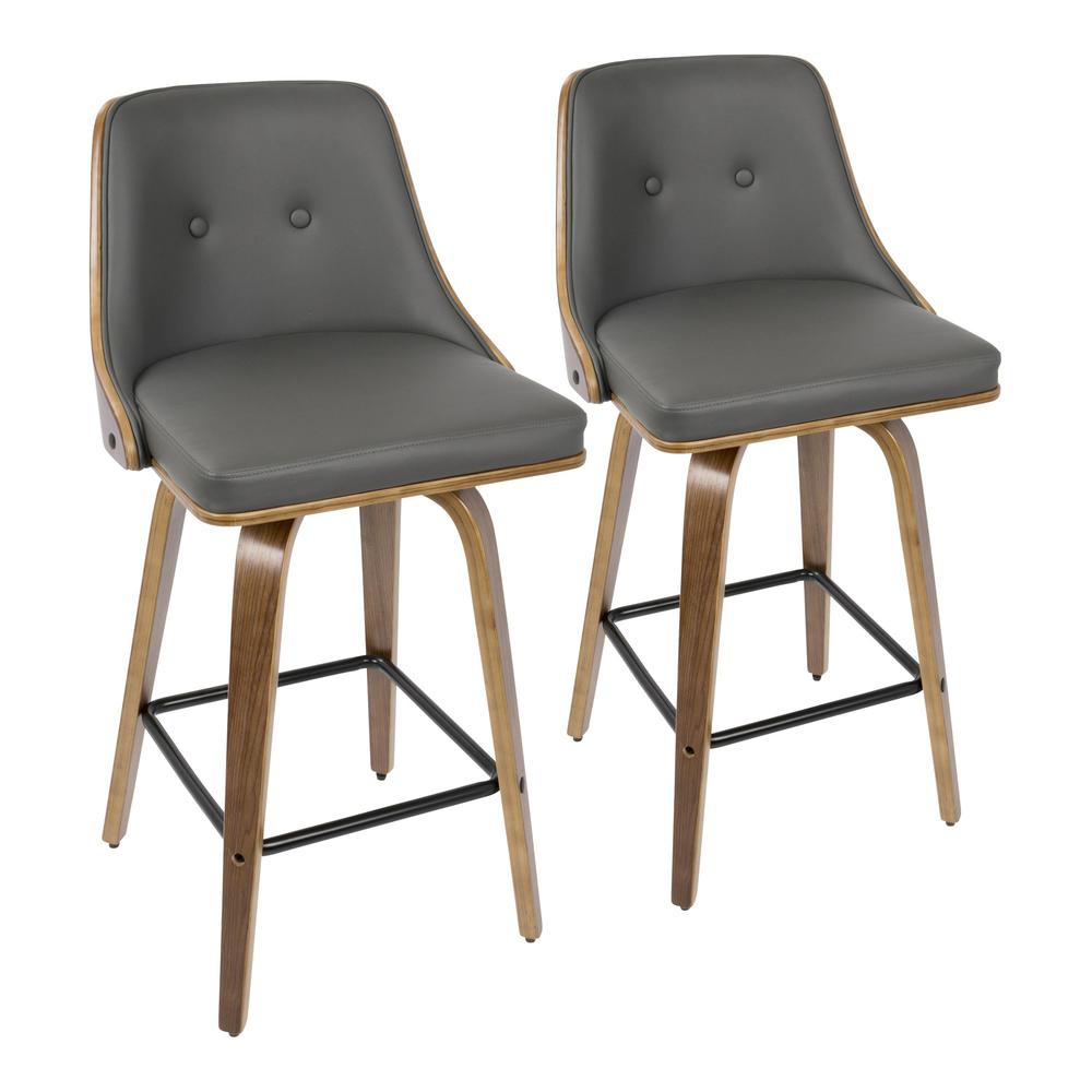 Walnut Wood, Grey PU, Black Metal Gianna Counter Stool - Set of 2. Picture 1