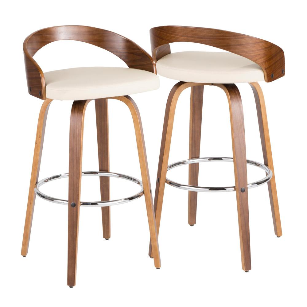 Walnut Wood, Cream Pu, Chrome Grotto Barstool - Set of 2. Picture 2