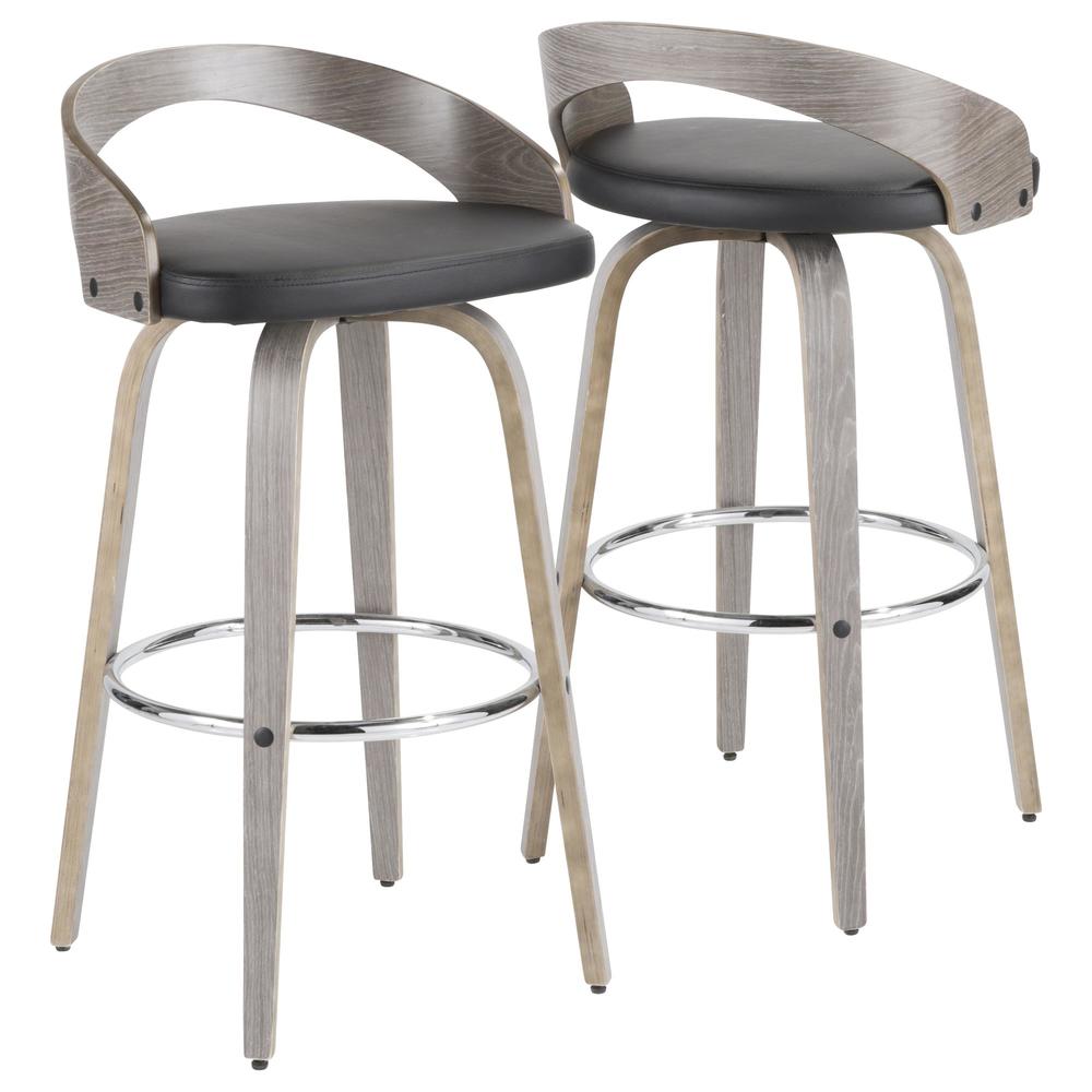 Light Grey Wood, Black PU, Chrome Grotto 30" Fixed Height Barstool - Set of 2. Picture 2