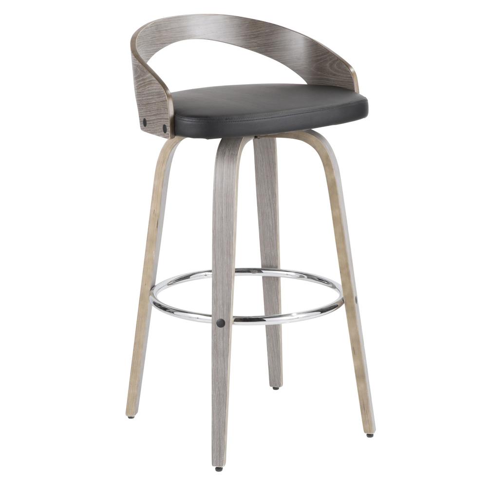 Light Grey Wood, Black PU, Chrome Grotto 30" Fixed Height Barstool - Set of 2. Picture 3