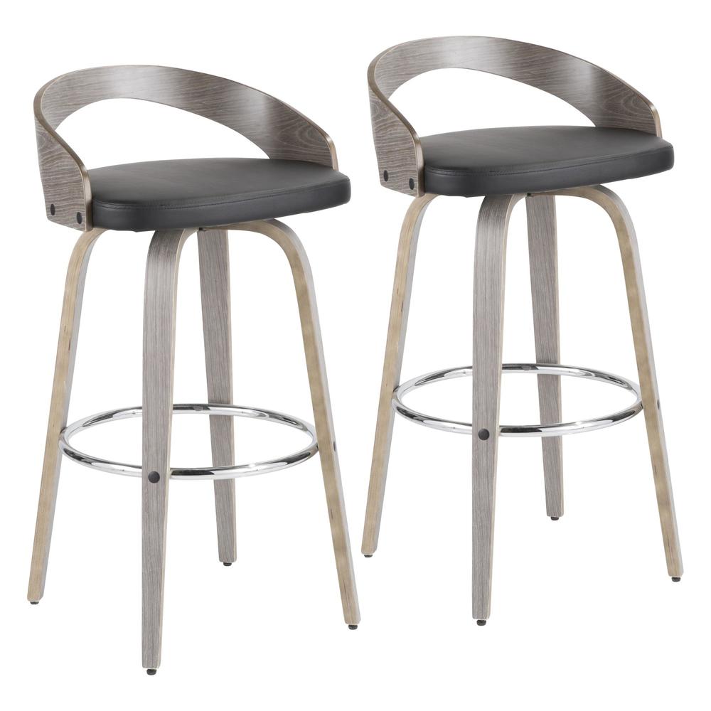 Light Grey Wood, Black PU, Chrome Grotto 30" Fixed Height Barstool - Set of 2. Picture 1