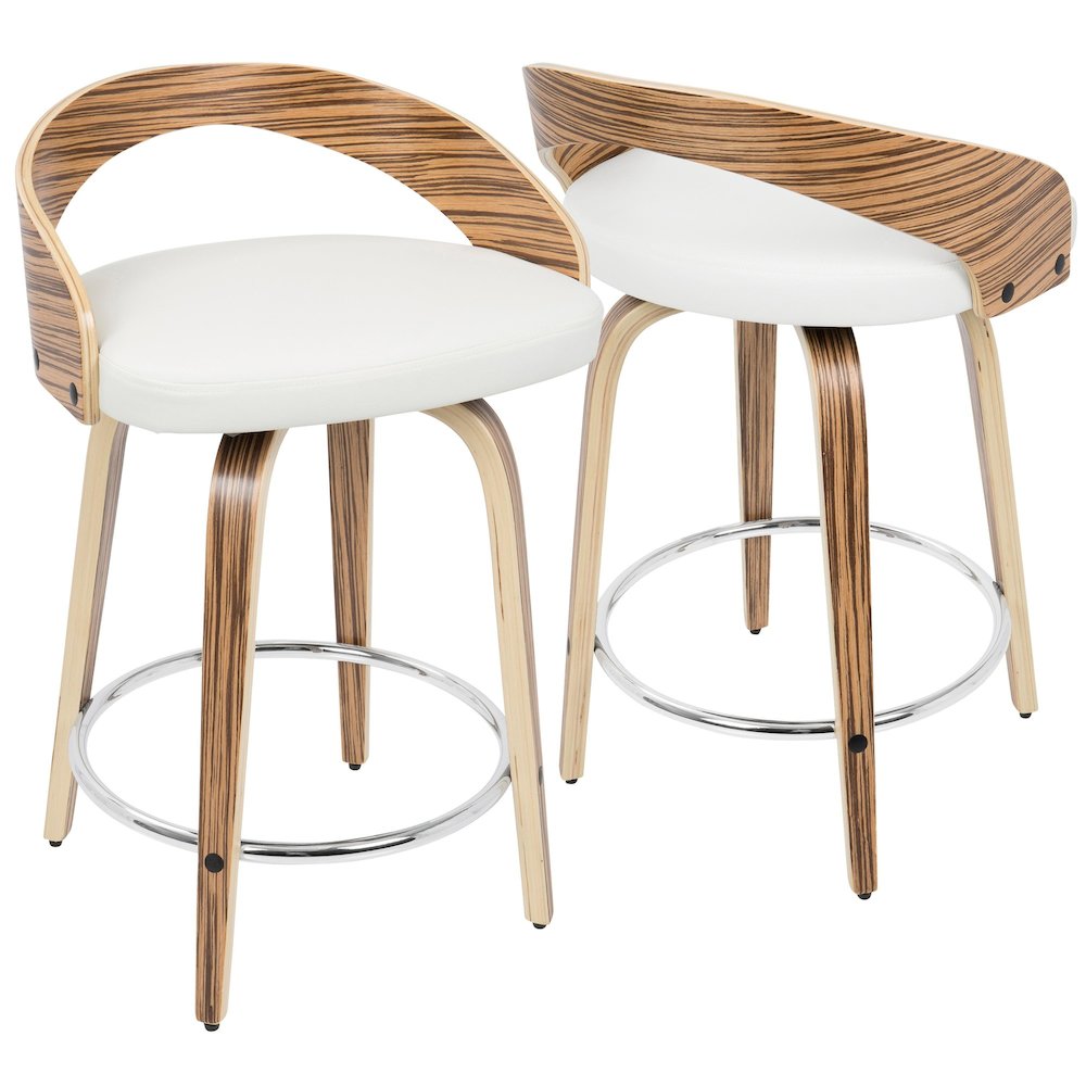 Zebra Wood, White PU, Chrome Grotto 25" Counter Stool - Set of 2. Picture 2
