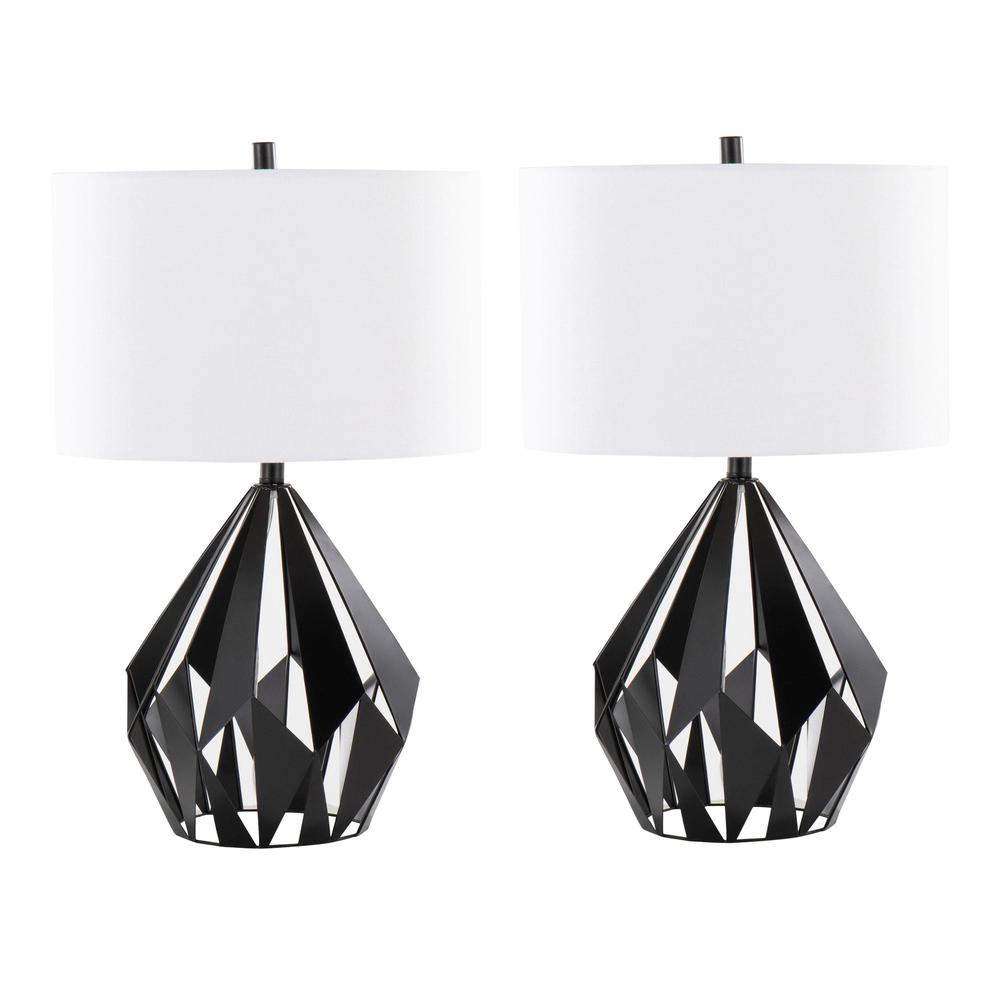 Matte Black Metal, White Linen Geome Tri 28" Metal Table Lamp - Set of 2. Picture 1