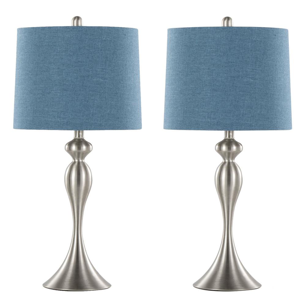 Brushed Nickel, Moroccan Blue Linen Ashland 27" Metal Table Lamp - Set of 2. Picture 1
