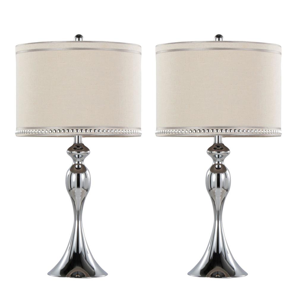 Polished Chrome, Cream Linen Ashland 27" Metal Table Lamp - Set of 2. Picture 1