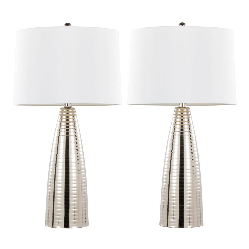Polished Nickel, White Linen Maya 27" Metal Table Lamp - Set of 2. Picture 1