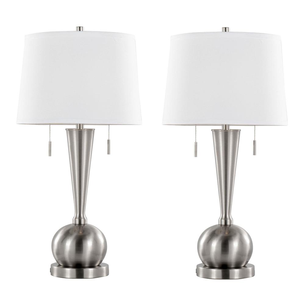 Brushed Nickel, White Linen Jules 30.25" Metal Table Lamp with USB - Set of 2. Picture 1