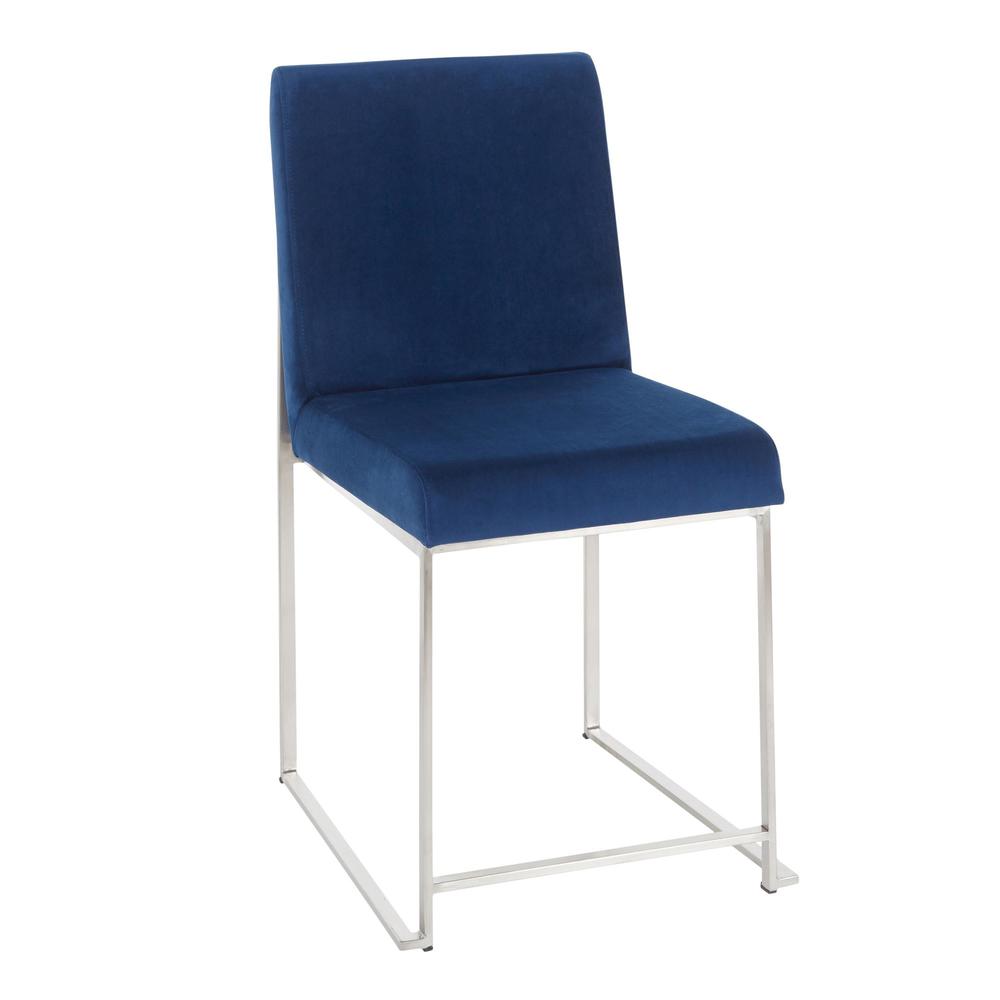Brushed Stainless Steel, Blue Velvet High Back Fuji Dining Chair - Set of 2. Picture 2